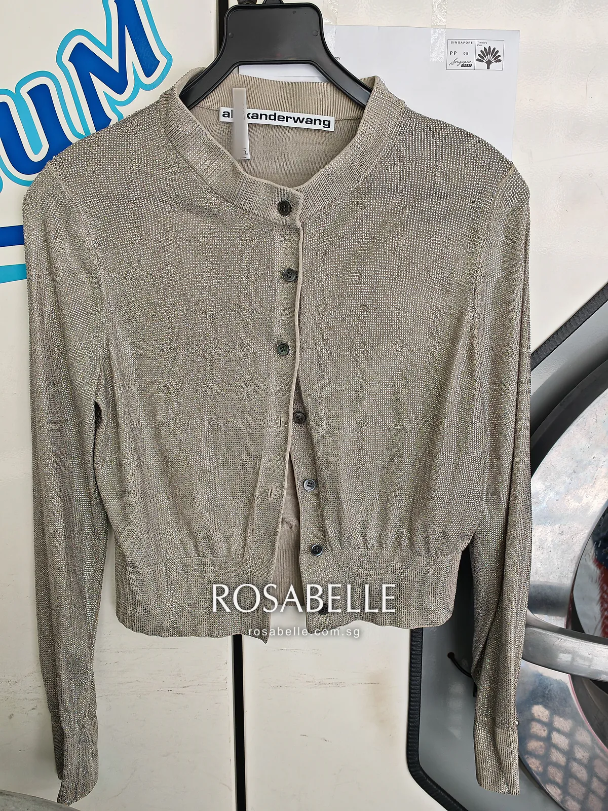 Champagne Alexander Wang cropped cardigan on a hanger, its button front and sleeves covered in small clear beads