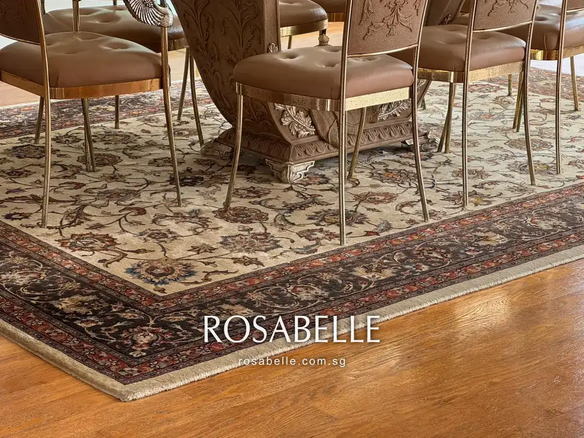 Hand-knotted cream carpet under a glass dining table in a Singapore home