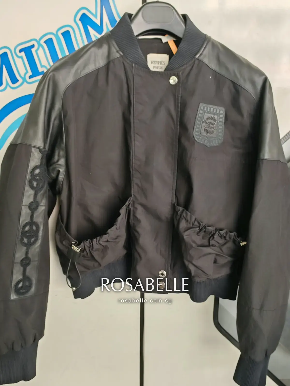 Black Hermès bomber jacket, lambskin sleeves over a cotton body