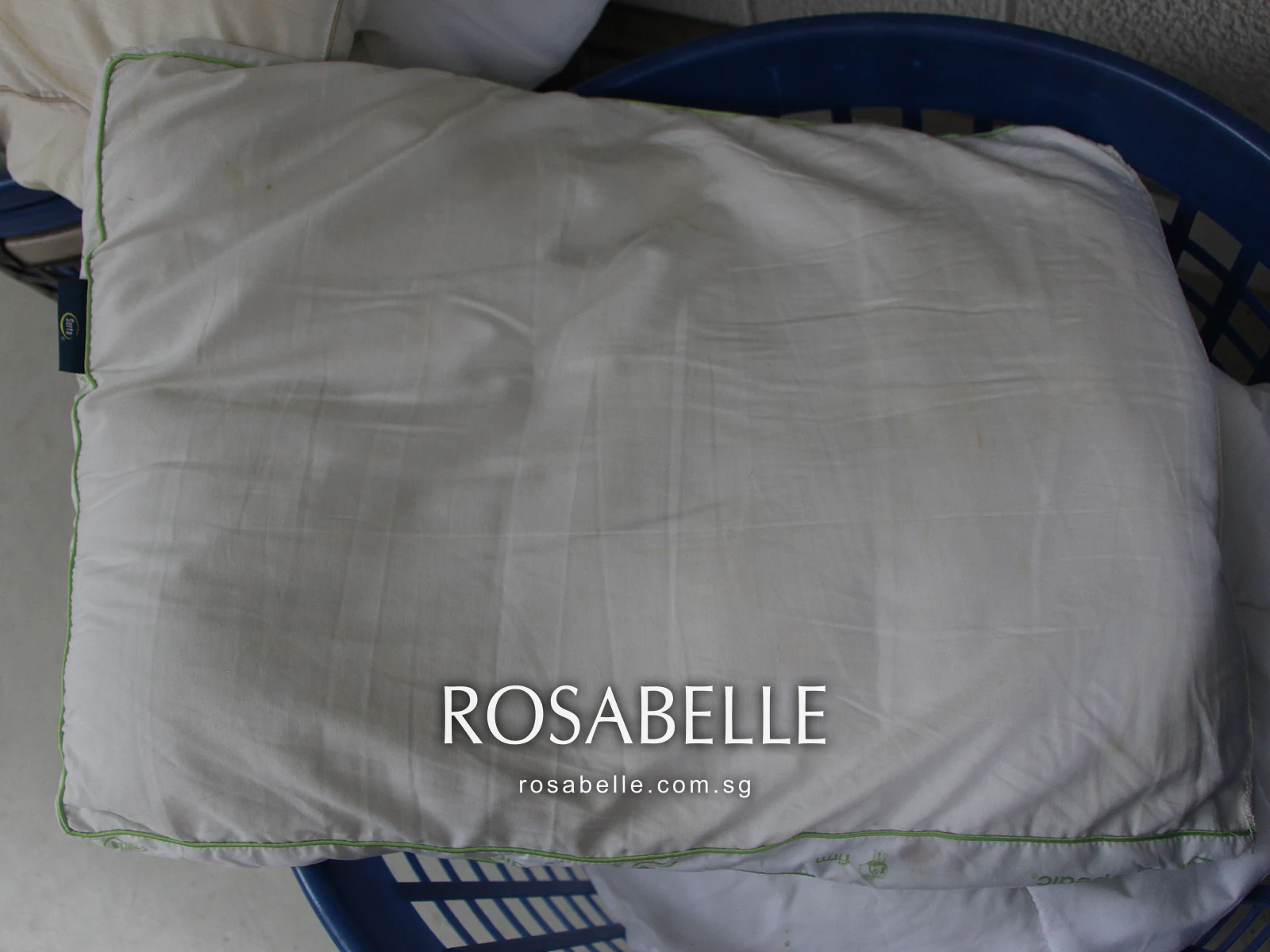 White pillow edged in green piping with grey mould patches across its face, on a laundry basket