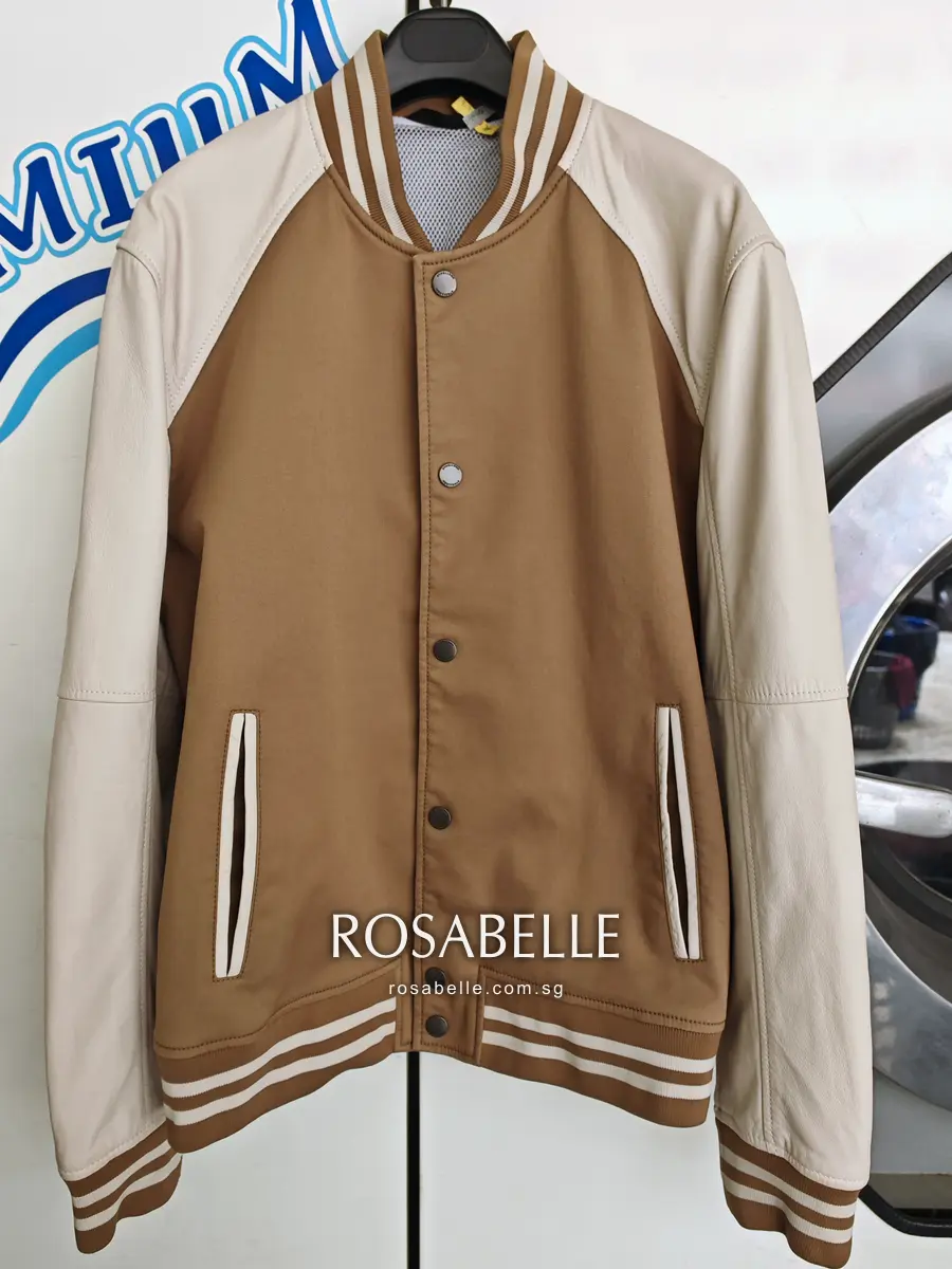 The same Strellson jacket after cleaning, cream nappa sleeves and cream-piped welt pockets on the camel front