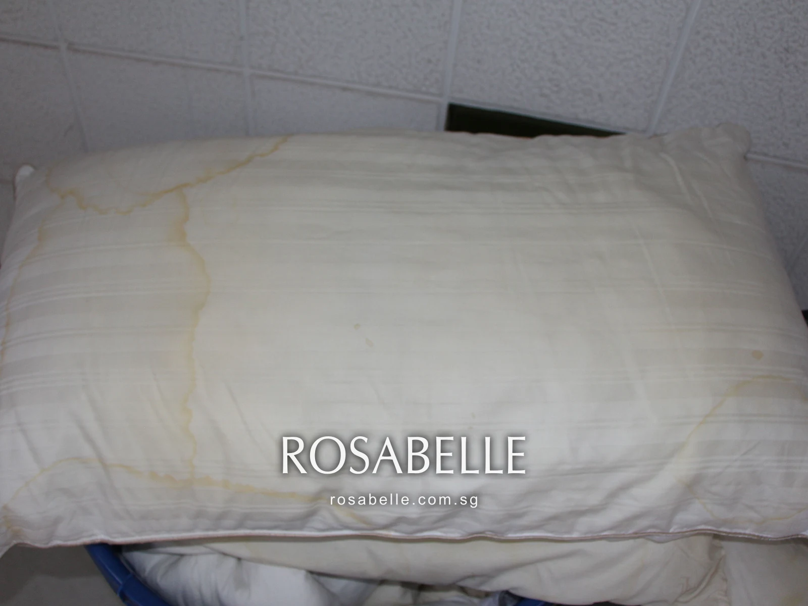 Striped white pillow with branching yellow mould lines across the casing, stacked on others in a basket